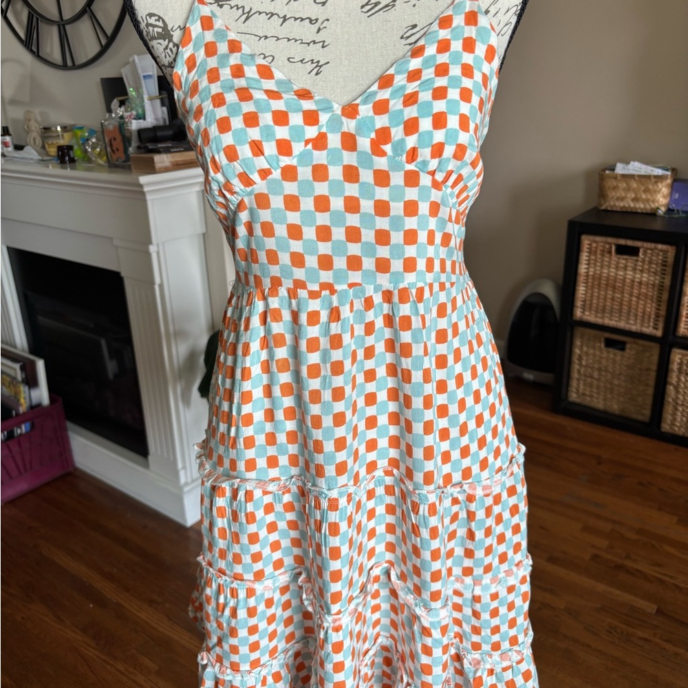 Sweetheart Neckline Orange & White Check Midi Dress
